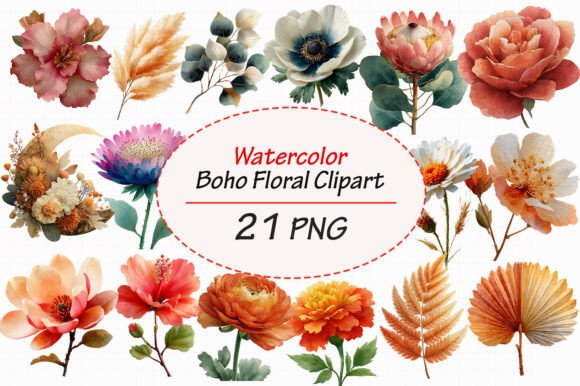 Download Watercolor Boho Floral Clipart Bundle - Clip Collection