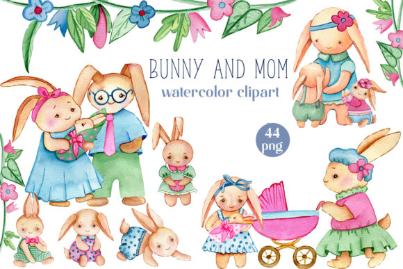 Download Bunny and Mom Watercolor Clipart Set - Clip Collection