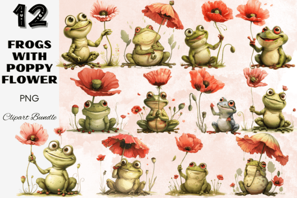 Download Frogs with Poppy Flower Clipart Bundle - Clip Collection