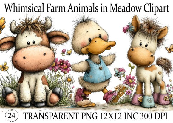 Download Whimsical Farm Animals in Meadow Clipart - Clip Collection