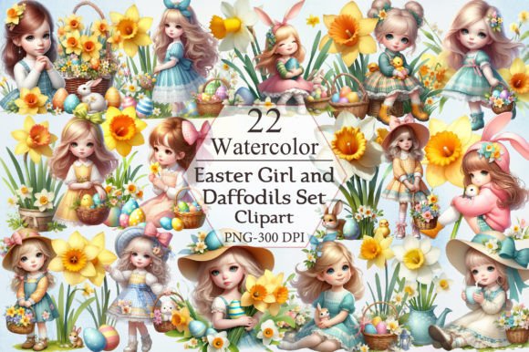 Download Easter Girl and Daffodils Set Clipart - Clip Collection
