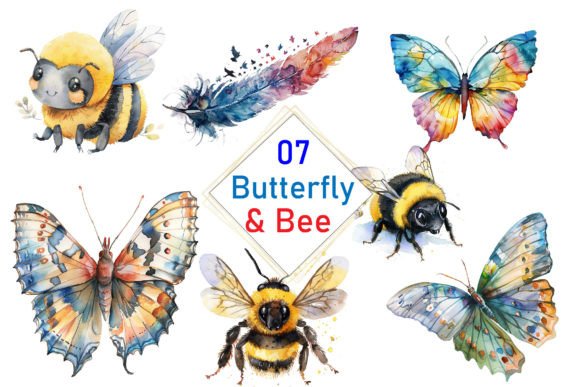 Download Watercolor Butterflies &amp; Bees Clipart Se - Clip Collection
