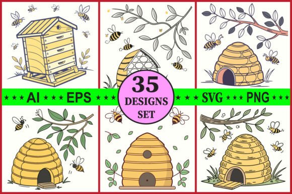 Download Beehive Clipart Set | Honey Bee Vector - Clip Collection