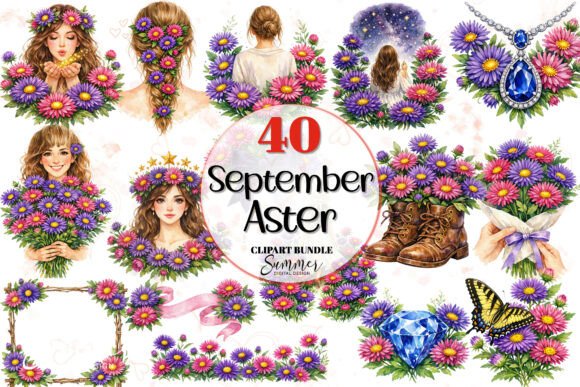 Download September Aster Romantic Clipart Bundle - Clip Collection