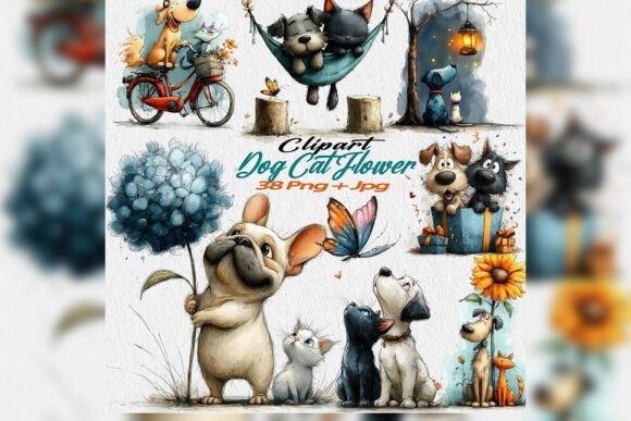 Download Whimsical Dog Cat Flower Clipart PNG Set - Clip Collection