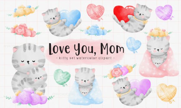Download Love Mom Cat Watercolor Clipart - Clip Collection