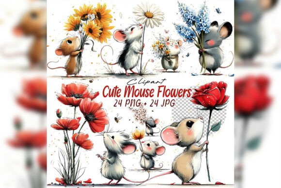 Download Whimsical Mouse &amp; Flower Clipart Set - Clip Collection