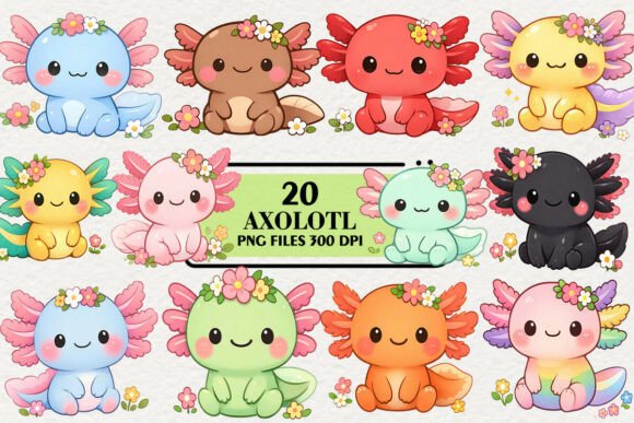 Download Kawaii Axolotl Floral Clipart Bundle - Clip Collection