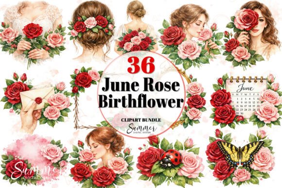 Download June Rose Birth Flower Clipart Bundle - Clip Collection