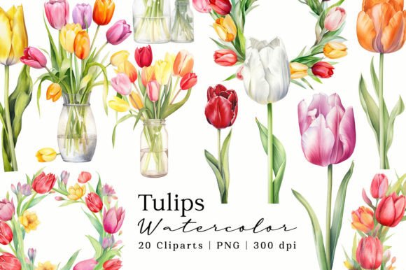 Download Tulips Flowers Watercolor Cliparts Set - Clip Collection