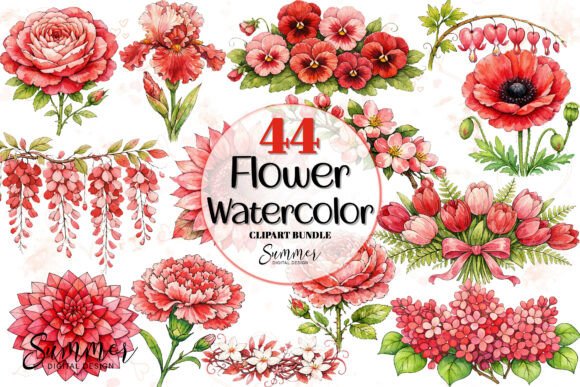Download Watercolor Red Pink Flower Clipart Set - Clip Collection